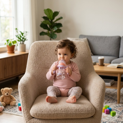 petite fille qui tient son biberon assise dans fauteuil