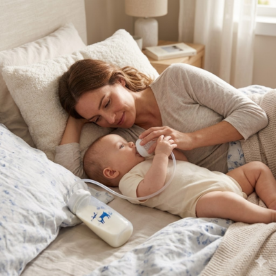 biberon allonger avec bebe et maman au lit