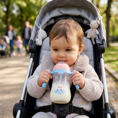 bebe avec son biberon dans poussette