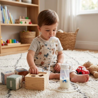 biberon avec bebe sur tapis avec ses jouets