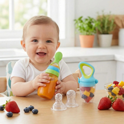 biberon cuillère dans main bebe