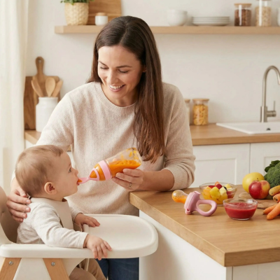 biberon cuillere donne donne a son bebe