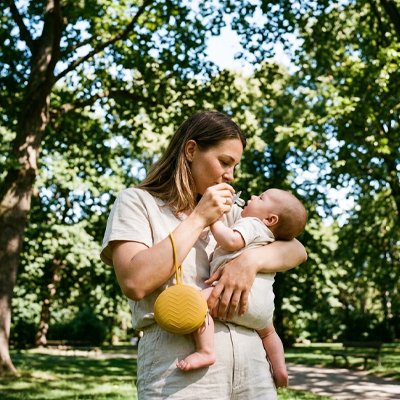 Boite a tetine au bras maman avec bebe en foret
