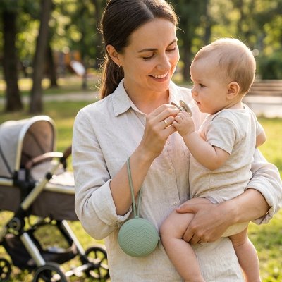 Boite a tetine au poignee maman avec bebe dans son bras