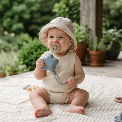 Boite a tetine avec bebe assise dehors sur tapis