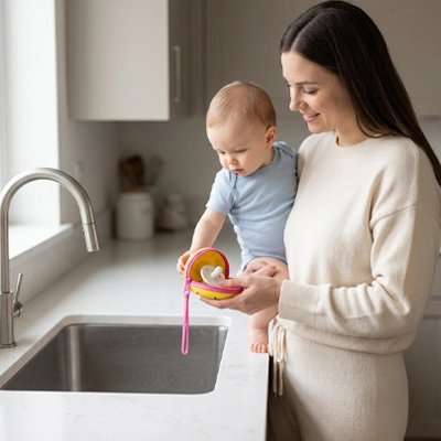 Boite a tetine​ avec maman au bord de evier