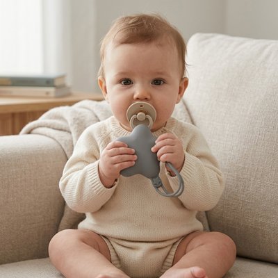 Boite a tetine bleu avec bebe assise