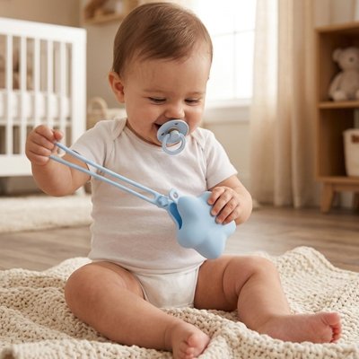 Boite a tetine bleu dans main bebe qui joue