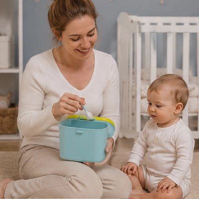 Boite doseuse lait avec maman est bebe sur le tapis