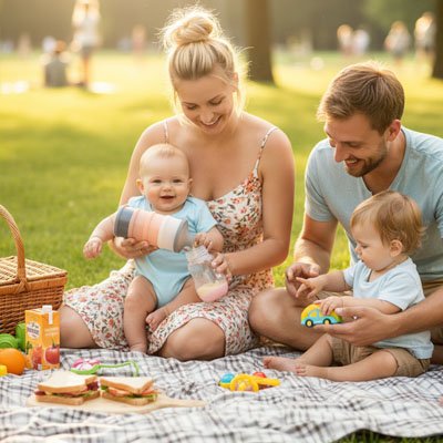 Boite doseuse lait multifonction en famille avec les enfants au jardin 