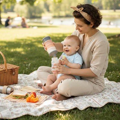 Boite doseuse lait multifonction maman assie sous un arbre avec son enfant