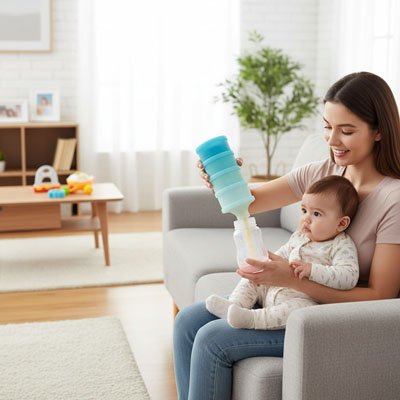 Boite doseuse lait mutifonction maman assie dans son canape avec bebe