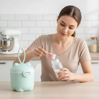 Boite doseuse lait nomad baby maman dans cuisine 