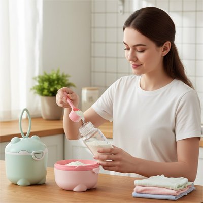 Boite doseuse lait nomad baby maman met poudre lait dans biberon