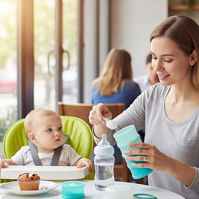 Boite doseuse lait nomade maman au restaurant