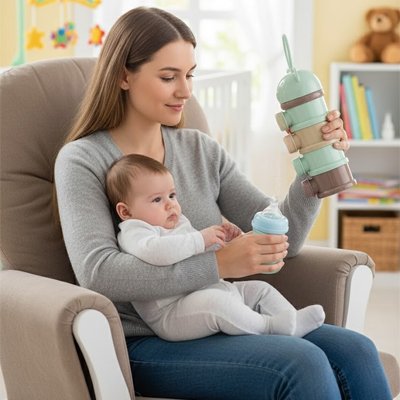 Boite doseuse lait PratikVoyage maman assie evec bebe