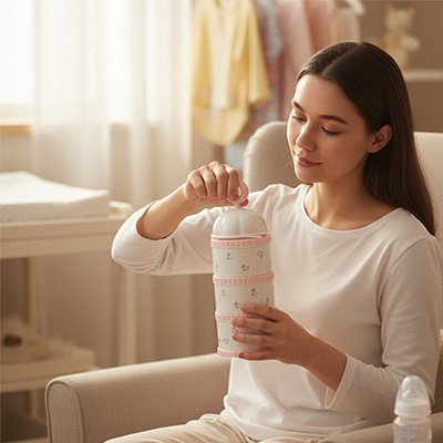 Boite doseuse lait pratique maman tient dans sa main