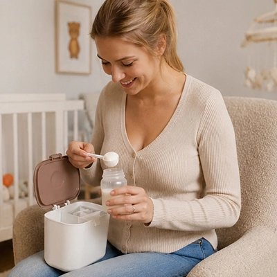 Boite doseuse lait sur les genous de maman