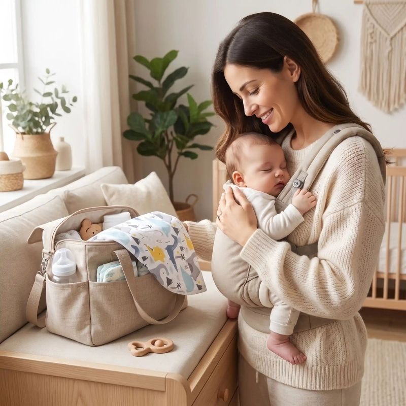cape d'allaitement dans sac a langer beige avec maman bebe