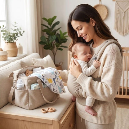 cape d'allaitement dans sac a langer beige avec maman bebe