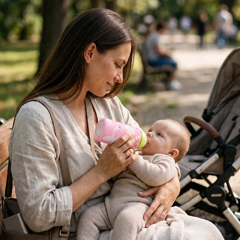 Chauffe biberon nomade maman assise-au parc donne biberon bébé