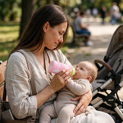 Chauffe biberon nomade maman assise-au parc donne biberon bébé