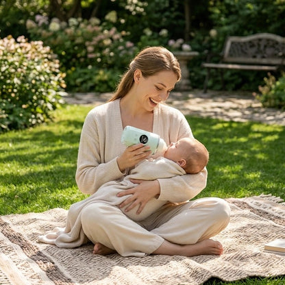 Chauffe biberon nomade maman assise avec bebe sur tapis