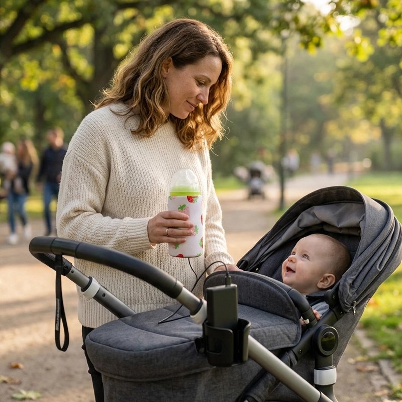 Chauffe biberon nomade maman en poussette au parc