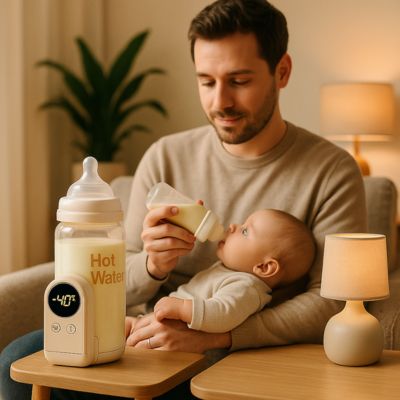 Chauffe biberon Nutriwarm Papa donne biberon à son enfant.