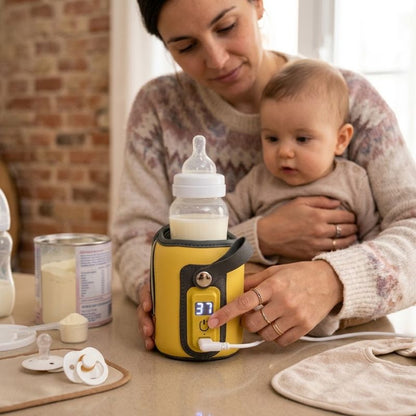 chauffe biberon portable, maman contrôle la température.