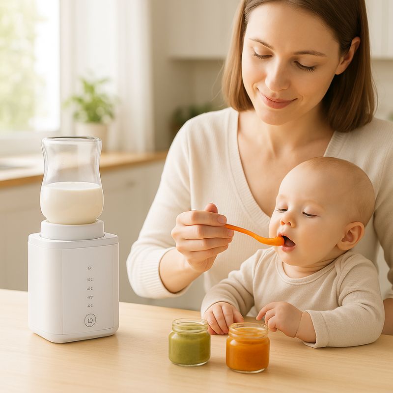 Chauffe-biberon sans fil nomade maman nourrit son bebe petit pot.