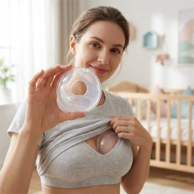 Coquille d'allaitement maman place le coussinet dans son soutien gorge