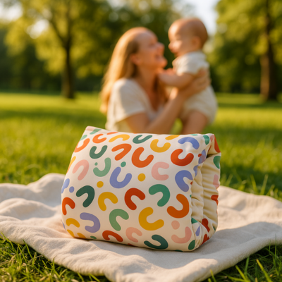 coussin allaitement bariole poser sur tapis au jardin