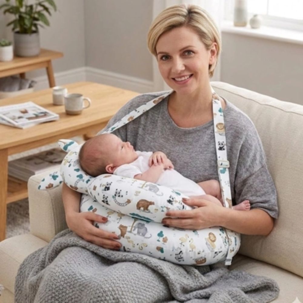 coussin d'allaitement avec bebe et maman souriant