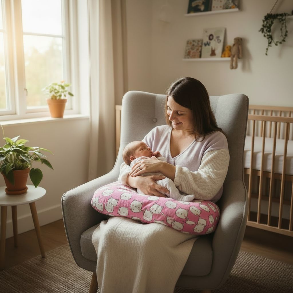 coussin d'allaitement maman assise sereine et allaitte bebe