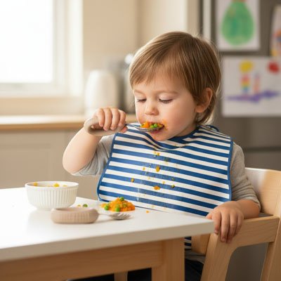 Couvert bebe assit devant son assiette