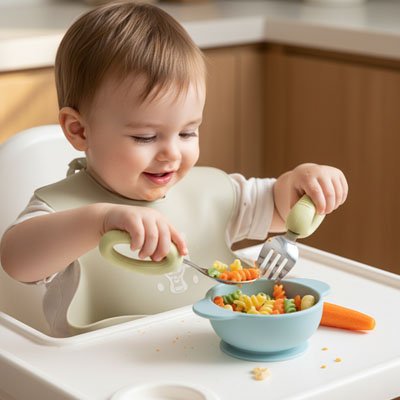 Couvert bebe devant son bol de pate