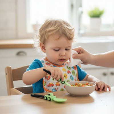 Couvert bebe enfant mange son bol legume