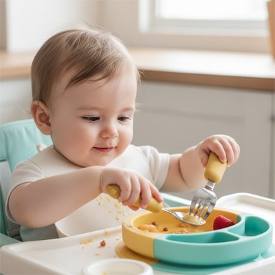 Couvert bébé​ qui mange avec couvert