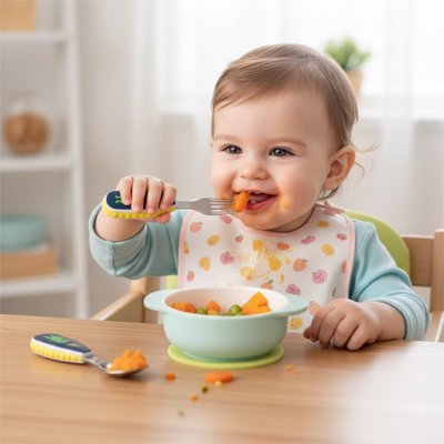 Couvert bébé​ enfant qui mange ses legume