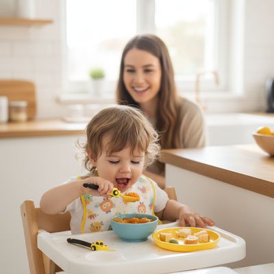 Couvert bebe enfant qui mange sous regard maman