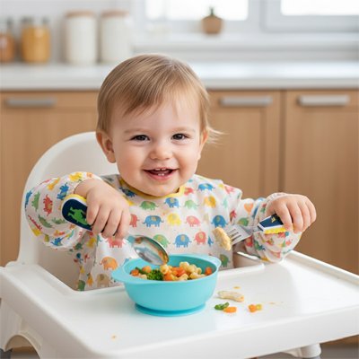 Couvert bébé​ enfant qui sourit est mange