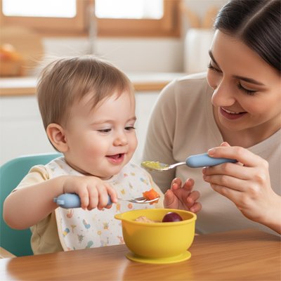Couvert bébé​ maman aide son enfant a manger