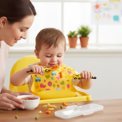 Couvert bebe​ qui mange avec ses couvert jaune