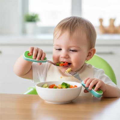 Couvert bébé​ qui mange ses legumes
