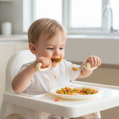 Couvert bebe qui mange ses petit pois