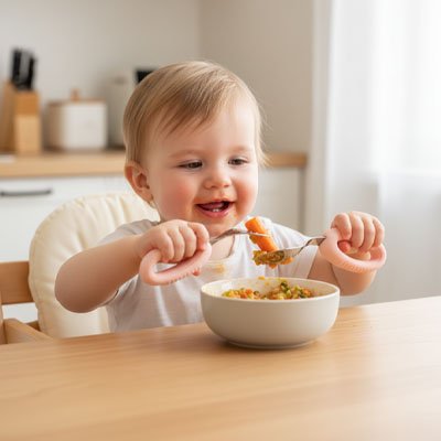 Couvert bebe qui mange ses carottes