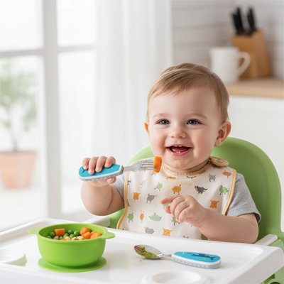 Couvert bébé​ souriant et mange
