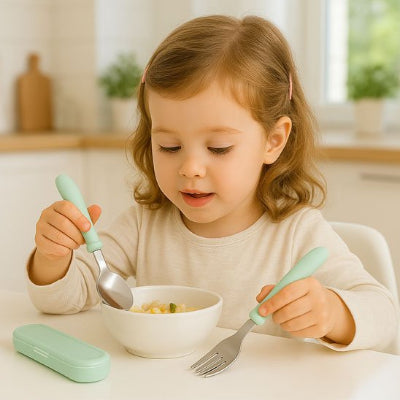 Couvert pour bebe enfant devant son bol de pate