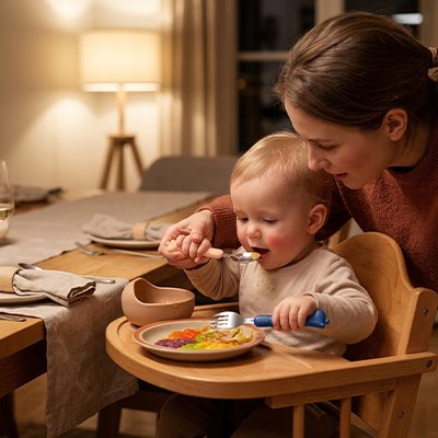 couvert pour bebe​ maman aide sa fille a manger